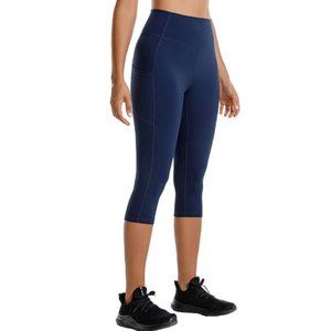 NEW Navy Blue Sz Small Athletic Stretchy Fitted Yoga Cropped Leggings Pockets